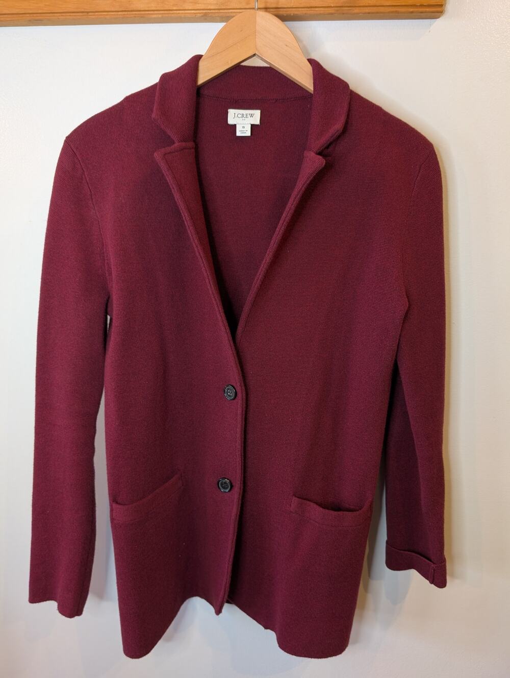 J.Crew Sweater Blazer Burgundy Cotton Knit Blazer Cardigan Pockets Small